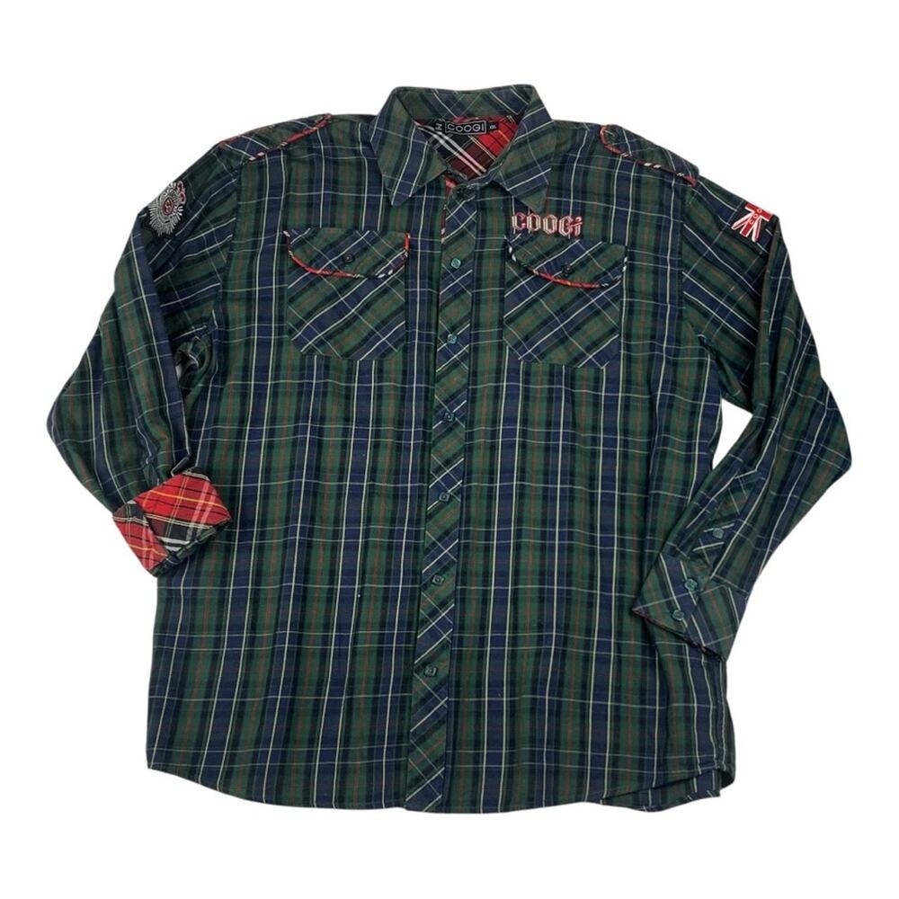 Coogi Mens XXL 2x button down Green Plaid Shirt 90s